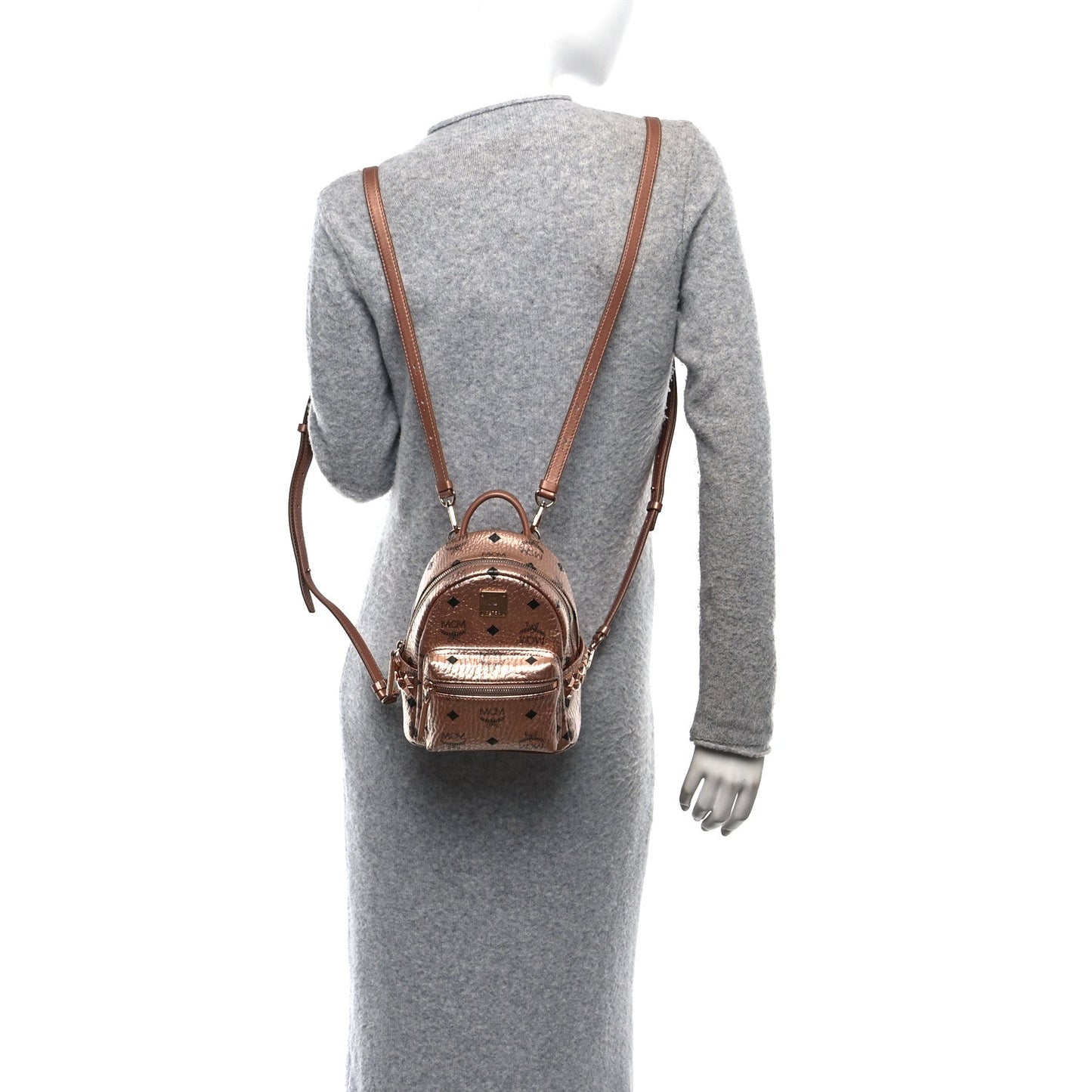 MCM Visetos Studded X-Mini Bebe Boo Backpack Champagne Gold