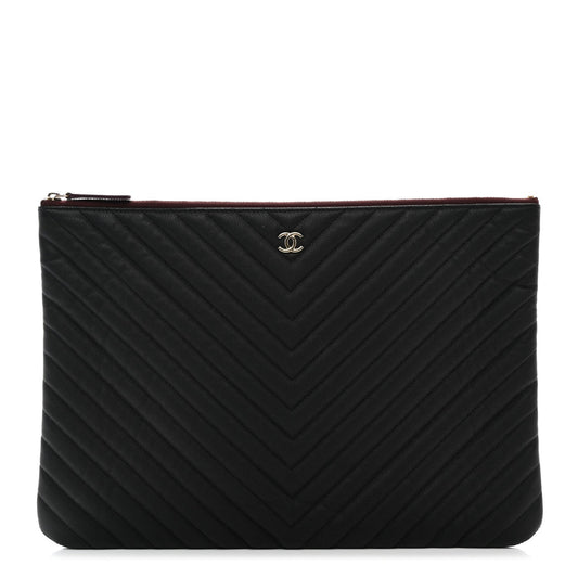 Chanel Caviar Chevron Quilted Large Cosmetic Case Black