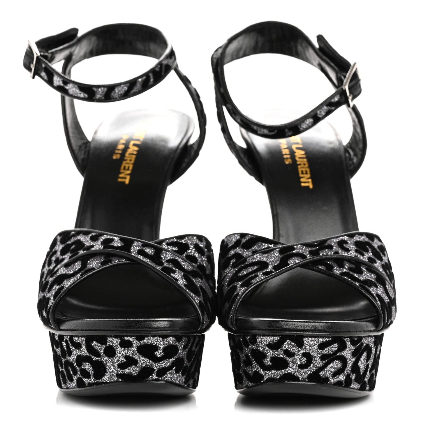 Saint Laurent Velvet Glitter Leopard Print Platform Sandals 37 Argento Black