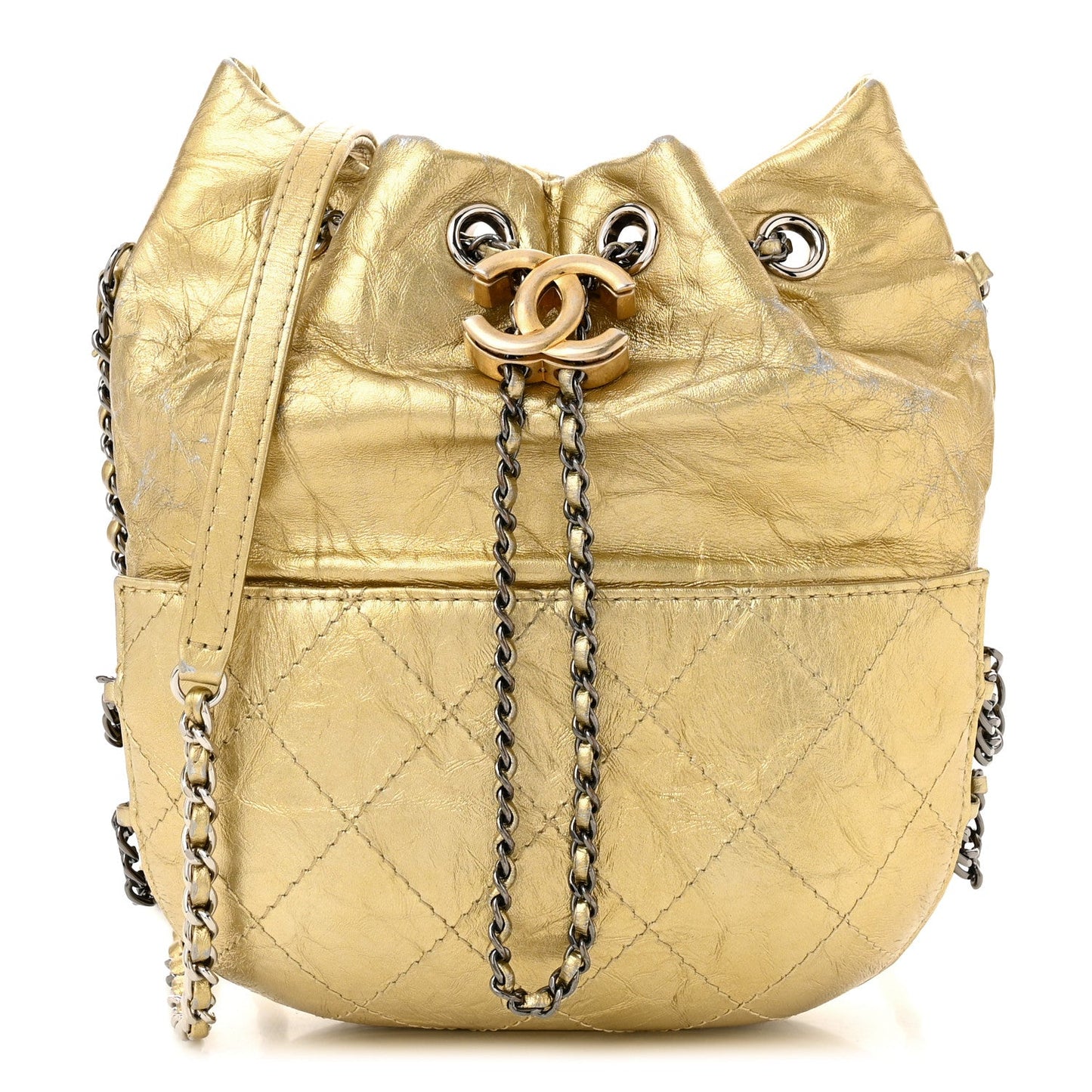 Chanel Metallic Aged Calfskin Quilted Small Gabrielle Bucket Gold