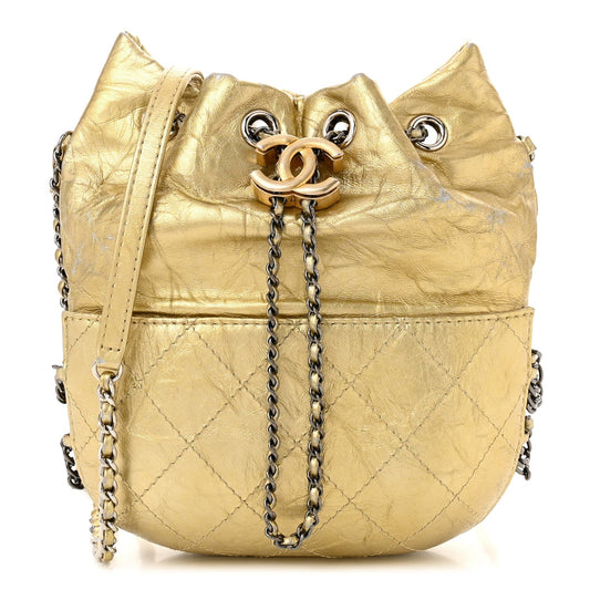Chanel Metallic Aged Calfskin Quilted Small Gabrielle Bucket Gold