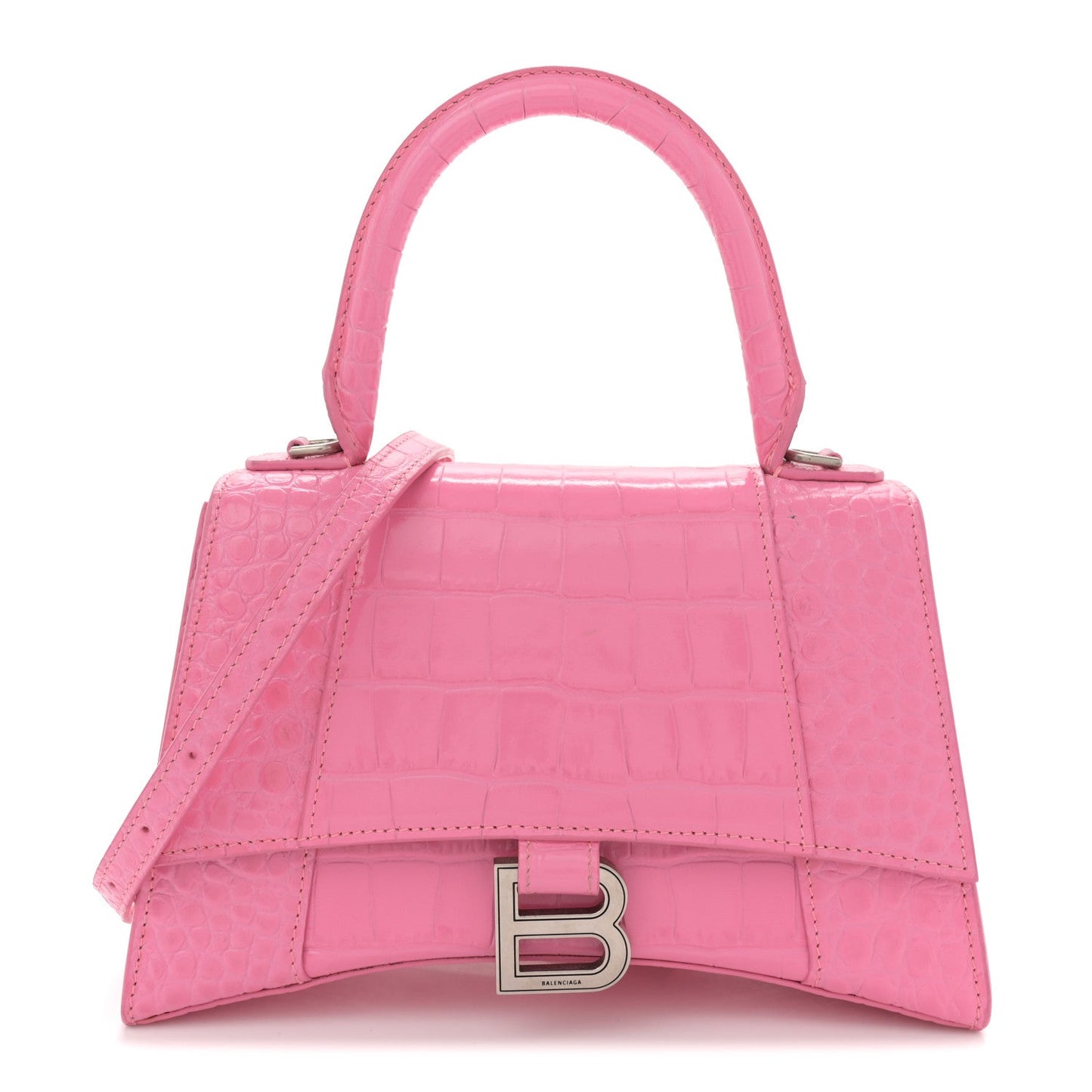 Balenciaga Shiny Calfskin Crocodile Embossed Small Hourglass Top Handle Bag Baby Pink