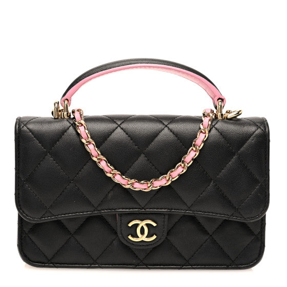 Chanel Lambskin Quilted Flap Phone Holder With Chain Black Lilac