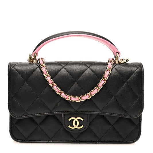 Chanel Lambskin Quilted Flap Phone Holder With Chain Black Lilac