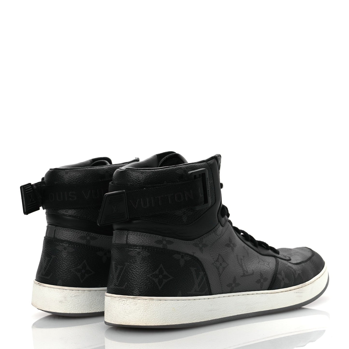 Louis Vuitton Calfskin Monogram Eclipse Mens Rivoli High Top Sneakers 10.5 Black Grey