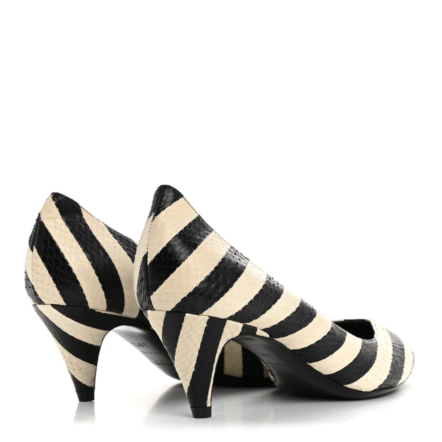 Saint Laurent Elaphe Snakeskin Striped Kiki Kitten Heel Pumps 38.5 Black Off White