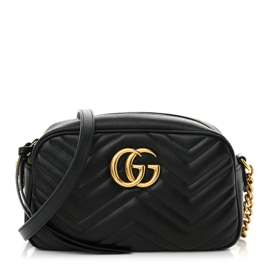 Gucci Calfskin Matelasse Small GG Marmont Chain Shoulder Bag Black