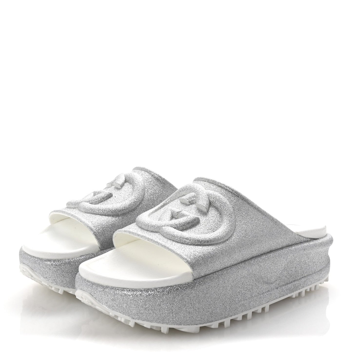 Gucci Glitter Rubber Womens InterLocking G Platform 42mm Slide Sandals 37 Silver