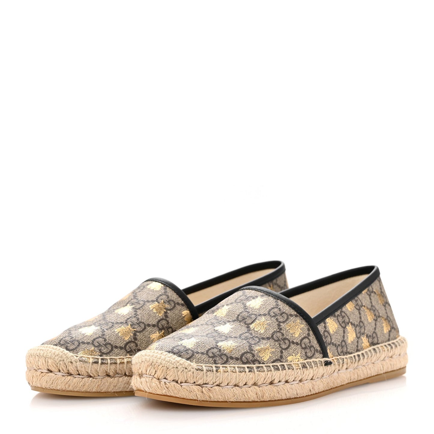 Gucci GG Supreme Monogram Bees Espadrille Flats 38.5 Beige Ebony Oro Black