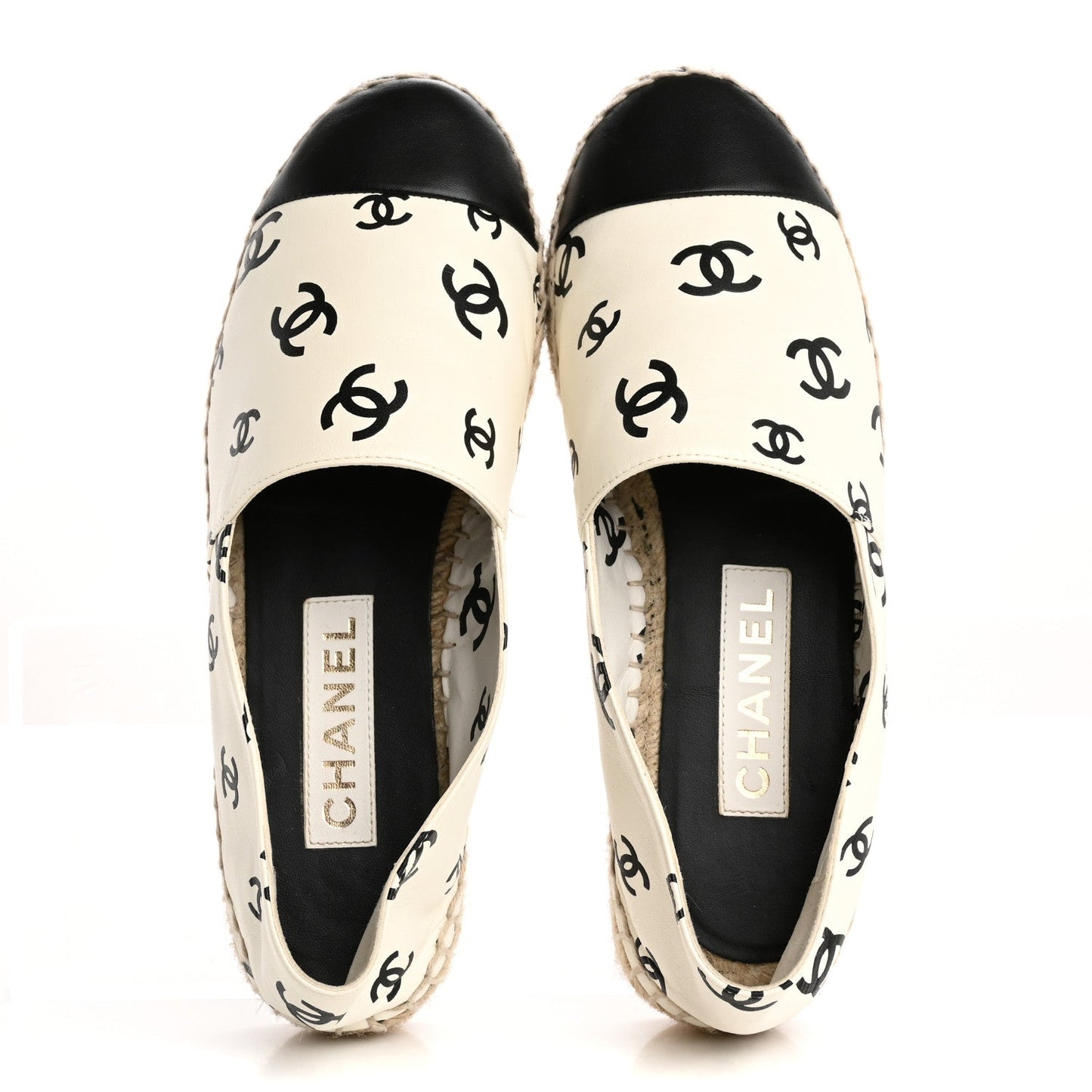 Chanel Lambskin Printed CC Espadrilles 38 White Black