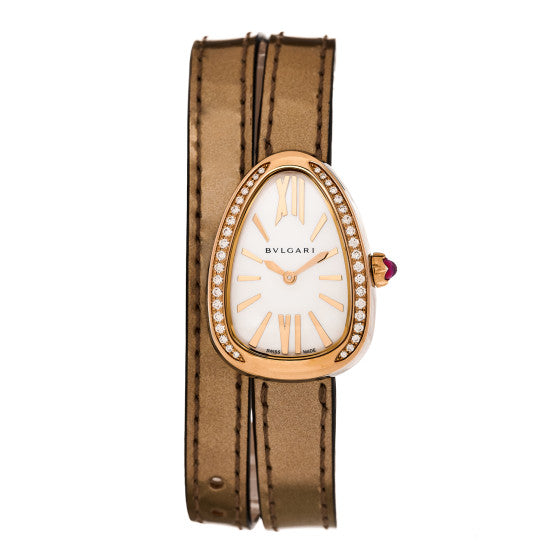 Bvlgari Stainless Steel 18K Rose Gold Calfskin Diamond Bezel Mother of Pearl 32mm Serpenti Double Wrap Quartz Watch
