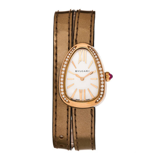 Bvlgari Stainless Steel 18K Rose Gold Calfskin Diamond Bezel Mother of Pearl 32mm Serpenti Double Wrap Quartz Watch