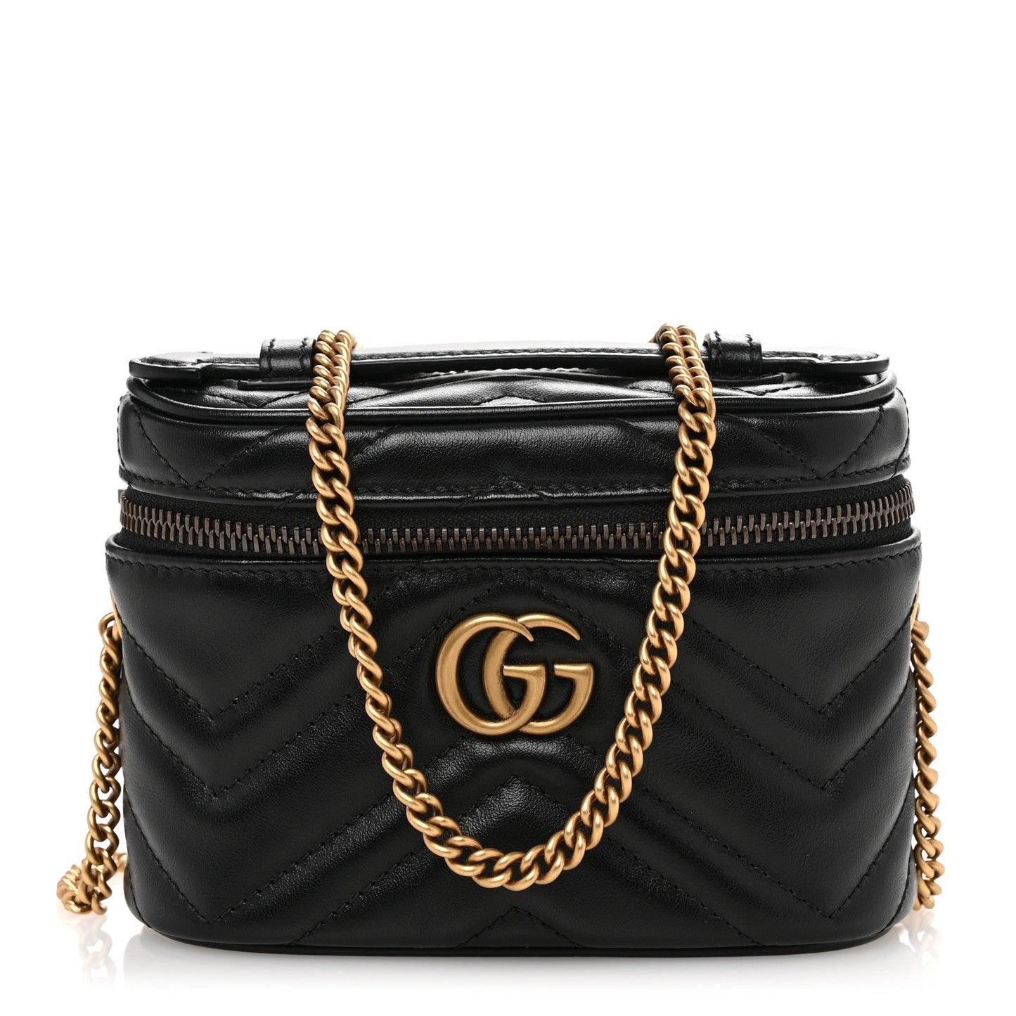 Gucci Calfskin Matelasse Chevron Mini GG Marmont Top Handle Bag Black