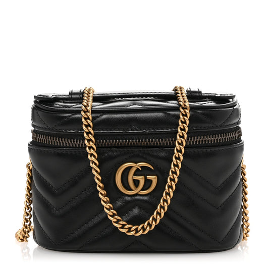 Gucci Calfskin Matelasse Chevron Mini GG Marmont Top Handle Bag Black