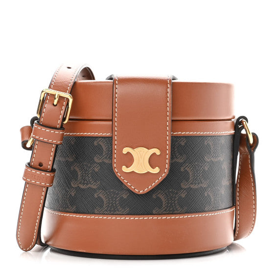 Celine Calfskin Triomphe Canvas Medium Tambour Bag Tan