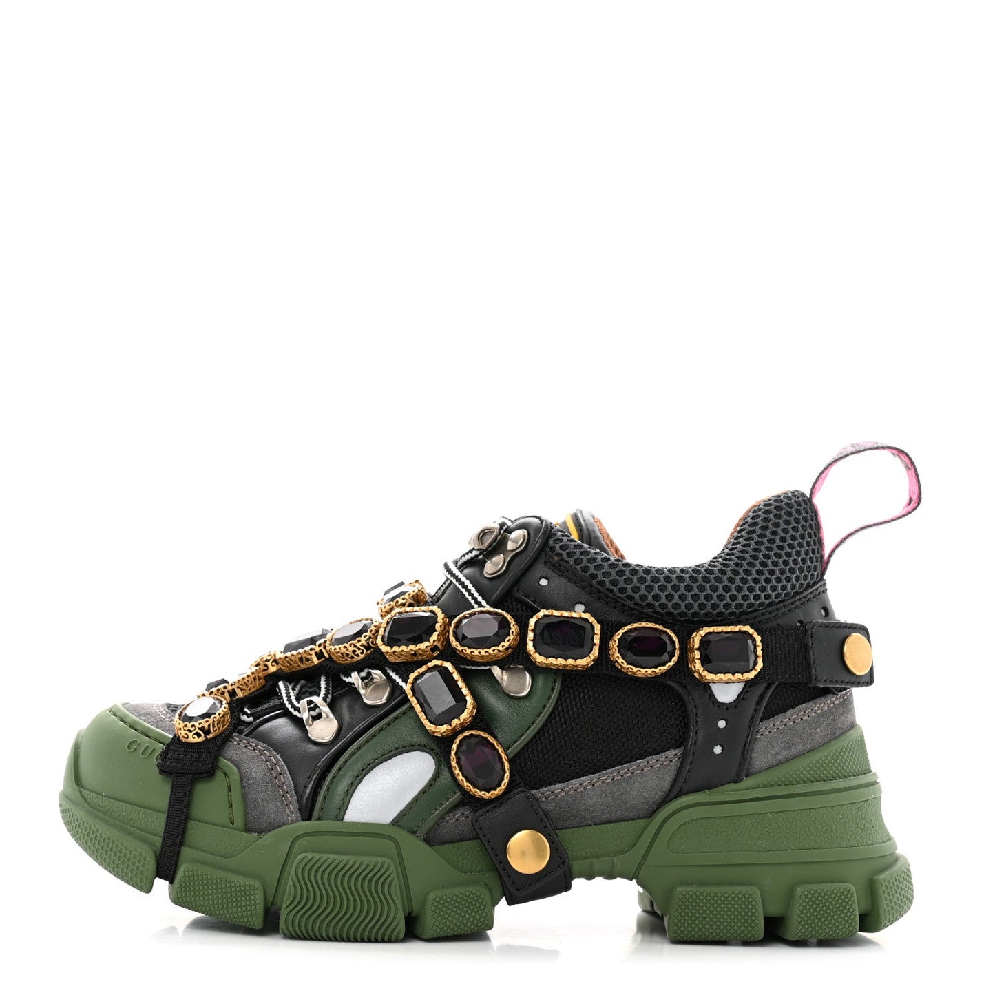 Gucci X SEGA Mesh Suede Calfskin Removable Crystals Flashtrek Sneakers 35.5 Loess Black Olive Green