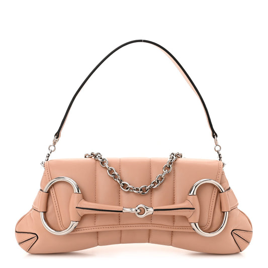 Gucci Nappa Vertical Matelasse Medium Maxi Horsebit Chain Shoulder Bag Rose Beige