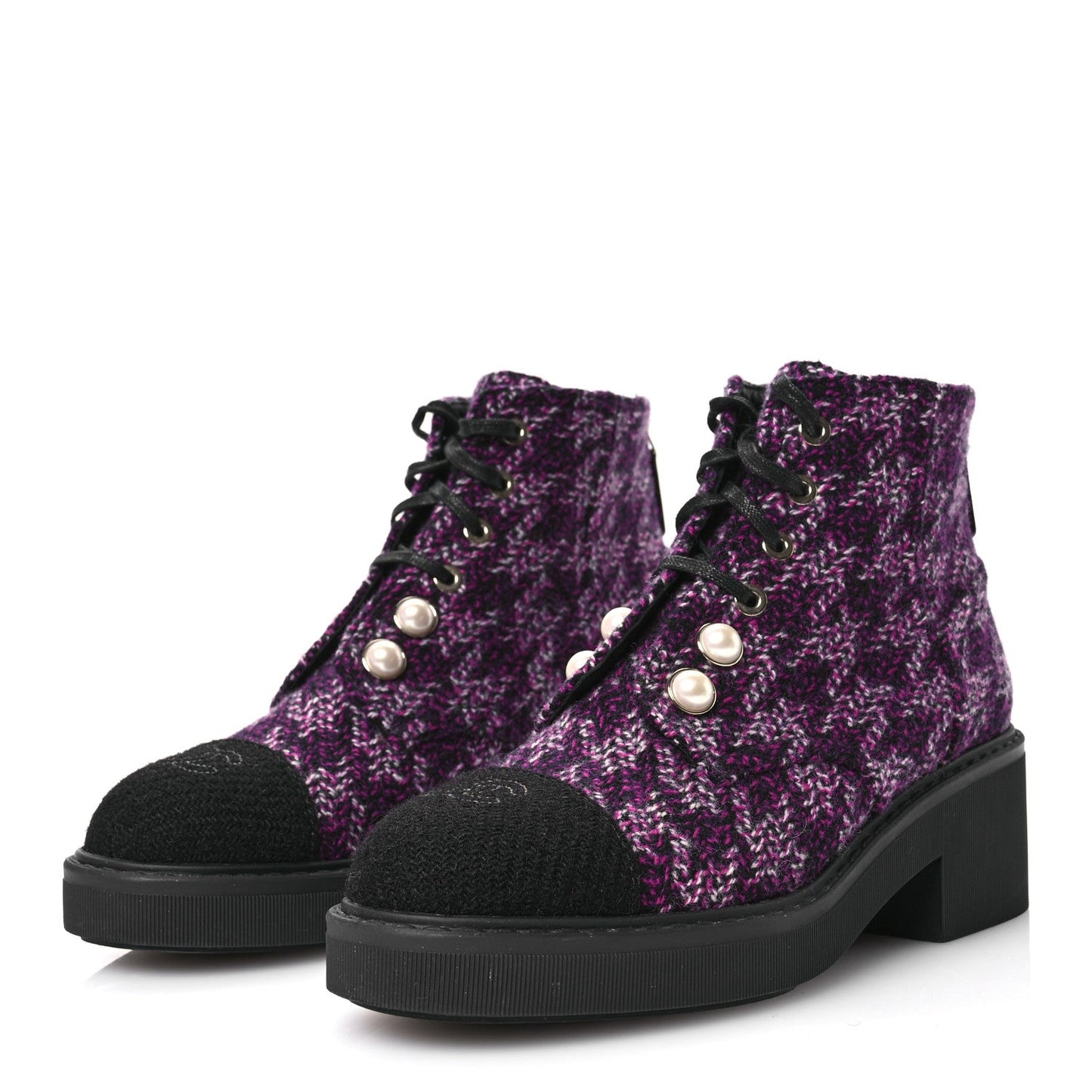 Chanel Tweed Pearl Combat Short Boots 38 Purple Black