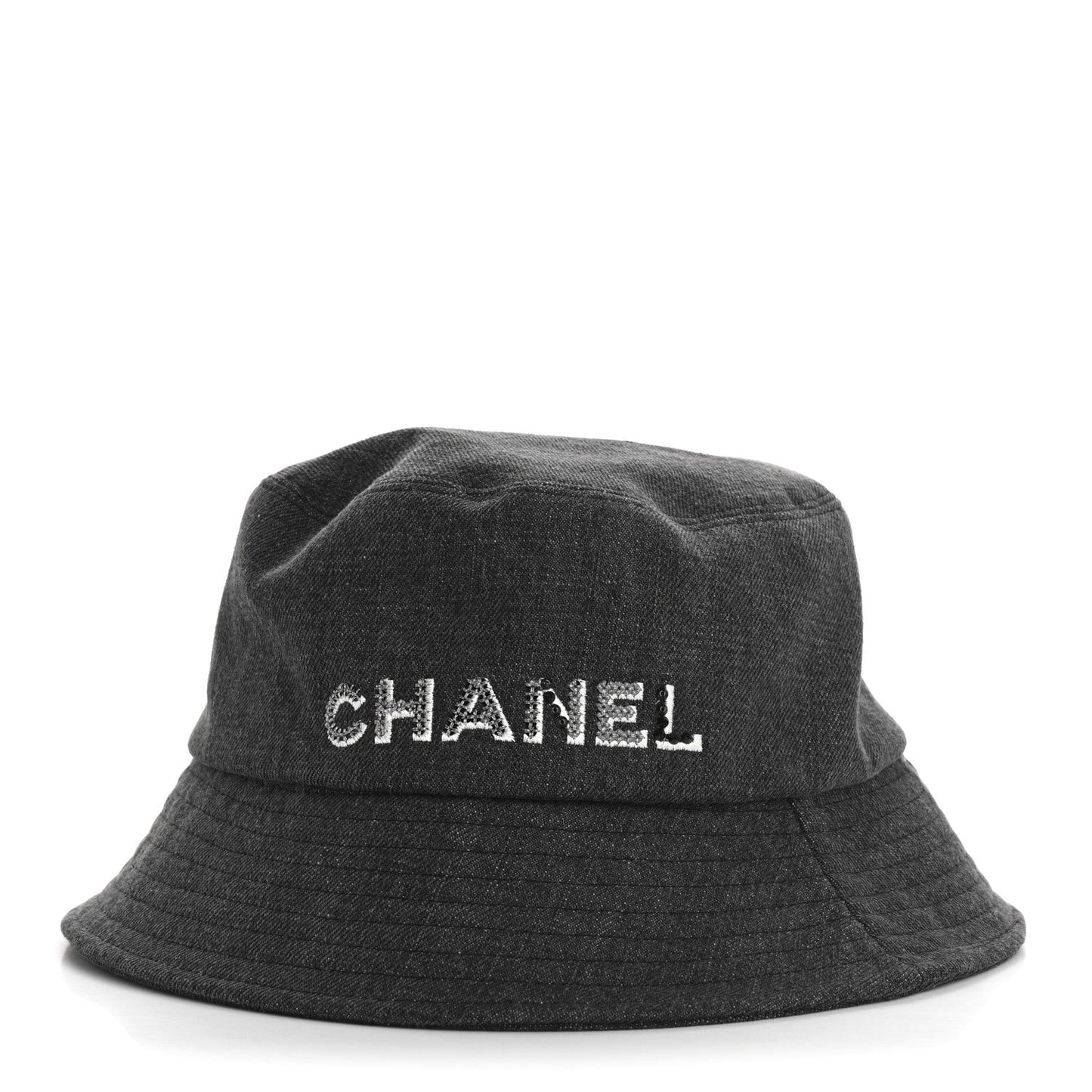 Chanel Denim Sequin Cloche Logo Bucket Hat M Black