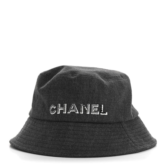 Chanel Denim Sequin Cloche Logo Bucket Hat M Black