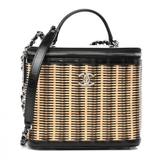 Chanel Glazed Calfskin Raffia Vanity Case Bag  Black Beige