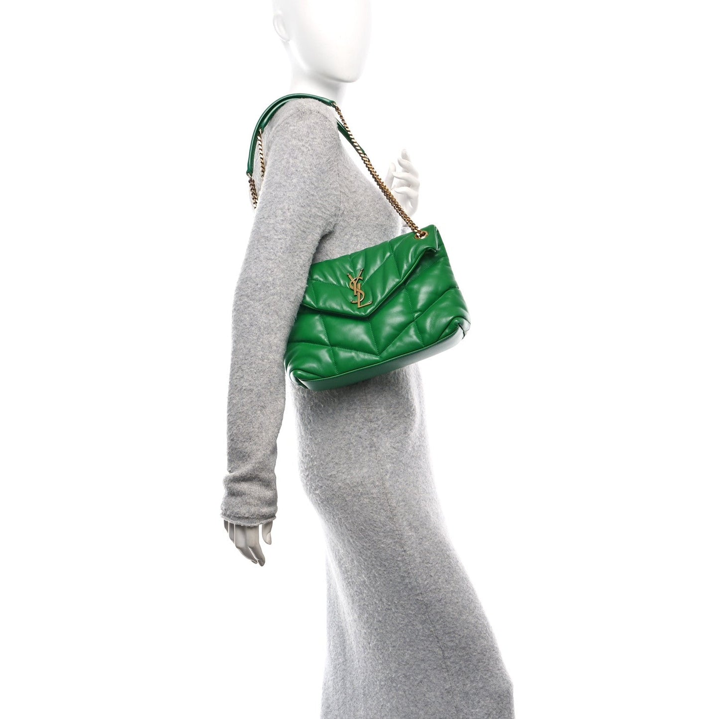Saint Laurent Lambskin Quilted Small Loulou Puffer Monogram Chain Satchel New Vert