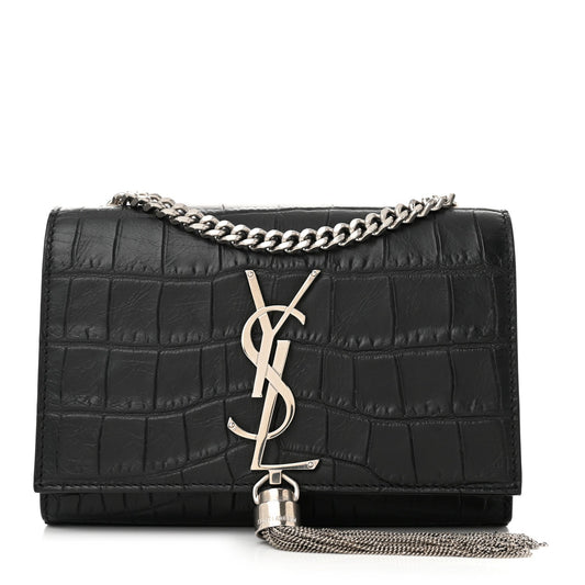 Saint Laurent Calfskin Crocodile Embossed Small Classic Monogram Kate Tassel Satchel Black
