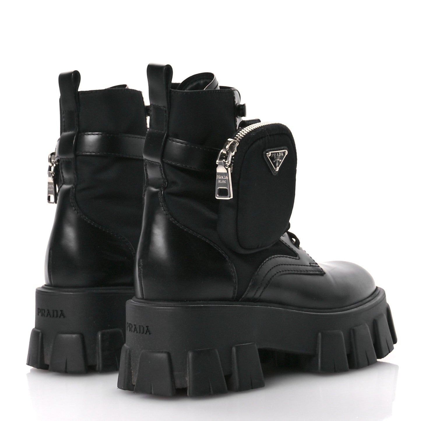 Prada Spazzolato Rois Re-Nylon Metal Triangle Logo Monolith Pouch Pocket 55mm Boots 35.5 Black
