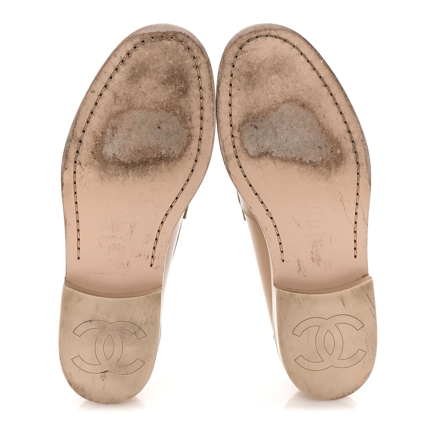 Chanel Shiny Calfskin CC Loafers 38 Beige White
