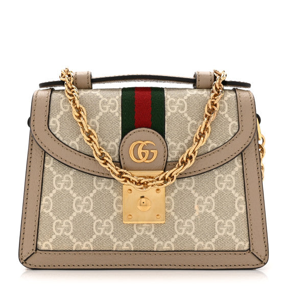 Gucci GG Supreme Monogram Textured Dollar Calfskin Web Mini Ophidia Padlock Top Handle Chain Shoulder Bag Beige Mystic White Oatmeal