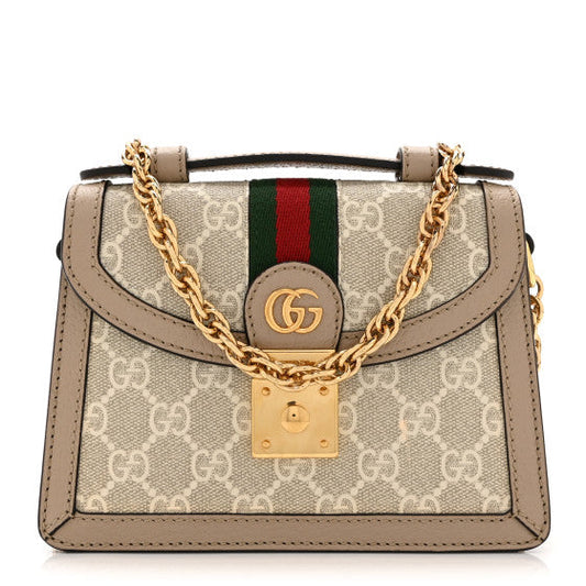Gucci GG Supreme Monogram Textured Dollar Calfskin Web Mini Ophidia Padlock Top Handle Chain Shoulder Bag Beige Mystic White Oatmeal