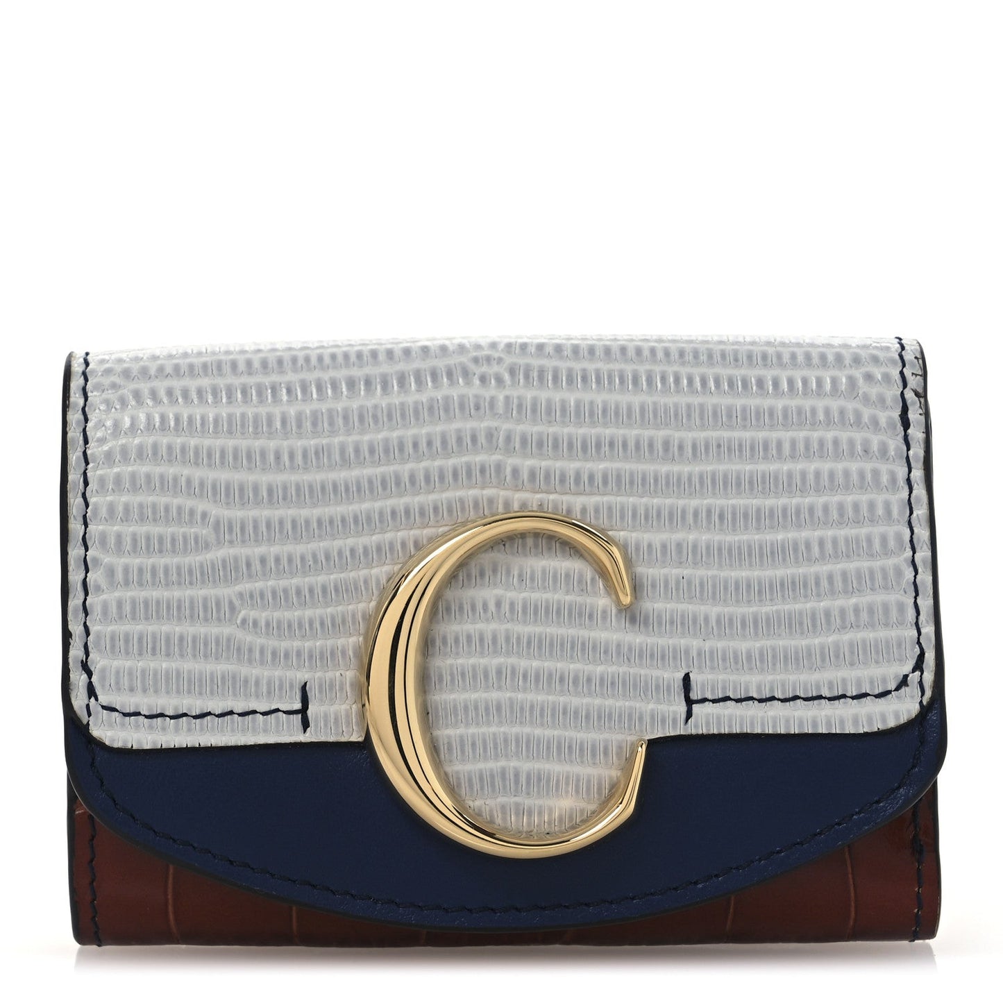 Chloe Lizard Crocodile Embossed Shiny Calfskin Small C Tri-Fold Wallet Chestnut Brown Blue Chestnut Brown Blue