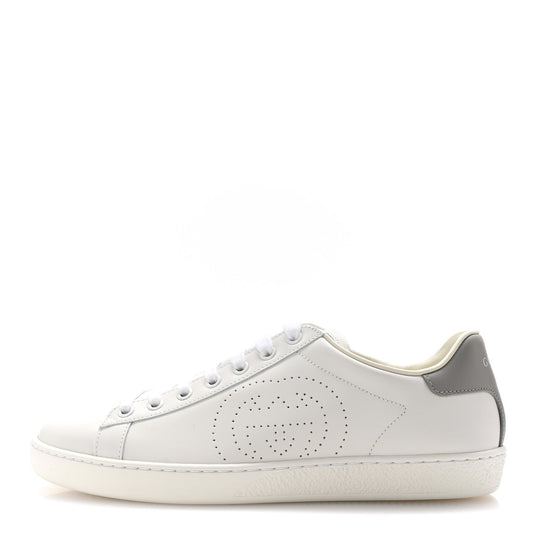 Gucci Calfskin InterLocking G Perforated Womens Ace Sneakers 38.5 White Grey Sky