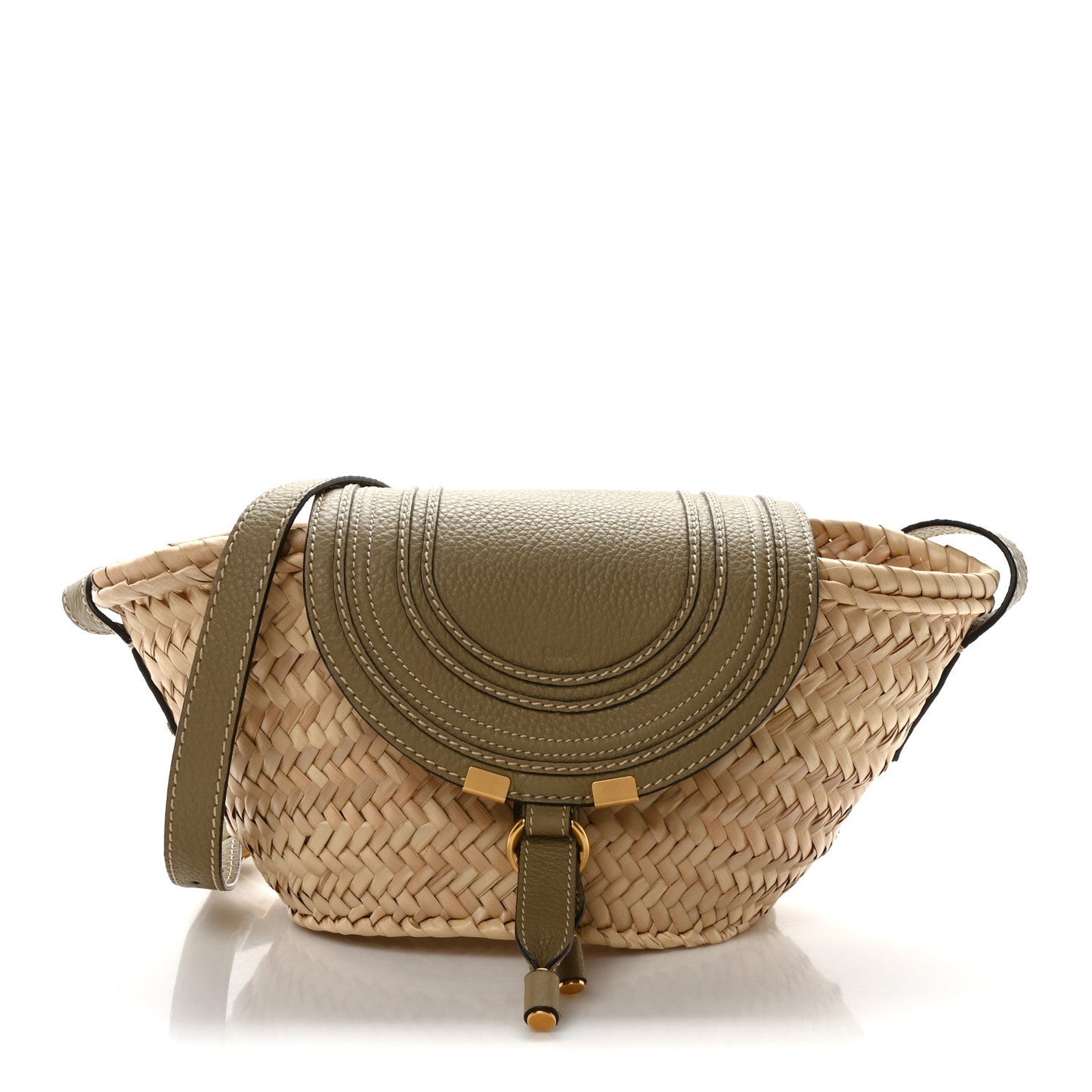 Chloe Raffia Small Grain Calfskin Small Marcie Basket Shoulder Bag Pottery Green