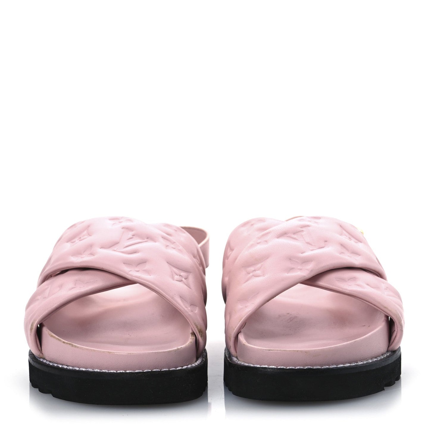 Louis Vuitton Lambskin Monogram Embossed Paseo Flat Comfort Sandals Rose Clair