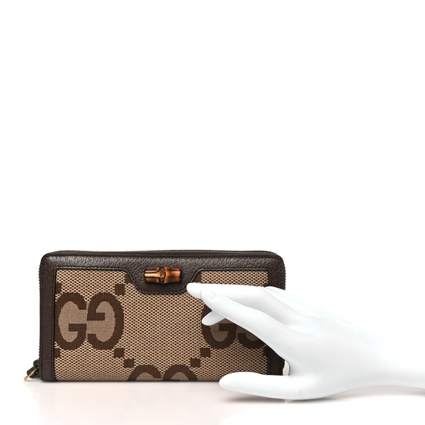 Gucci Monogram Jumbo GG Textured Dollar Calfskin Diana Zip Around Continental Wallet Camel Ebony New Acero