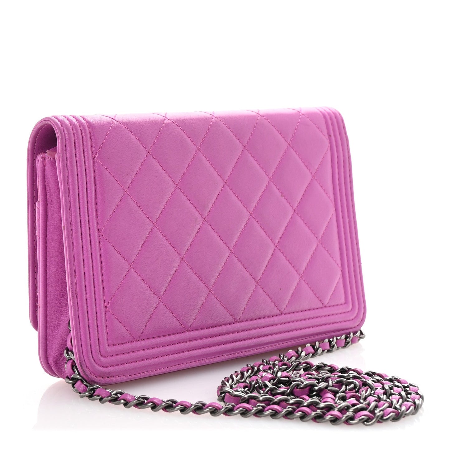 Chanel Lambskin Quilted Boy Wallet On Chain WOC Purple