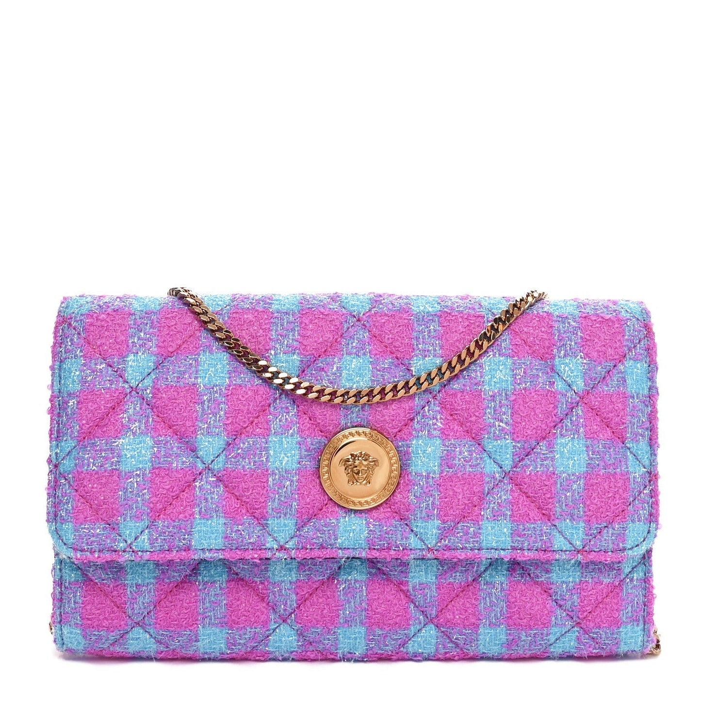 Versace Tweed Quilted Medusa Wallet on Chain Crossbody Pink Blue