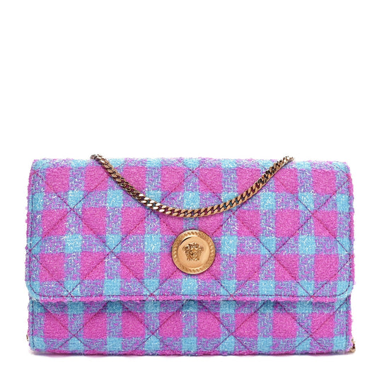 Versace Tweed Quilted Medusa Wallet on Chain Crossbody Pink Blue