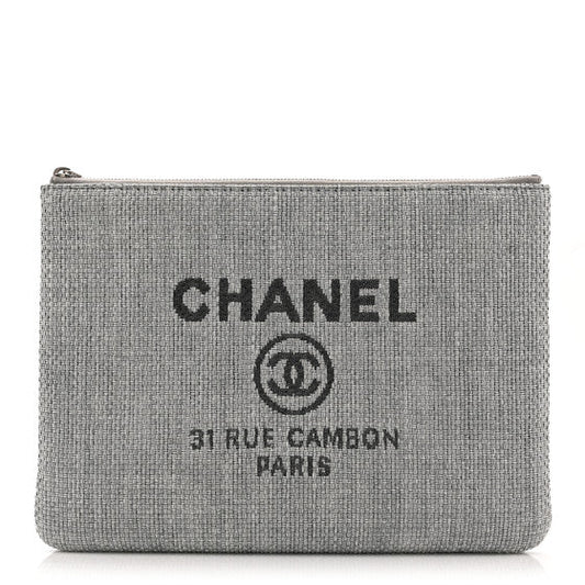 Chanel Woven Straw Raffia Medium Deauville Cosmetic Pouch Grey