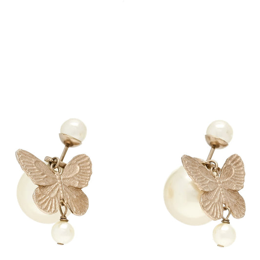 Christian Dior Pearl Butterfly Tribal Earrings Gold