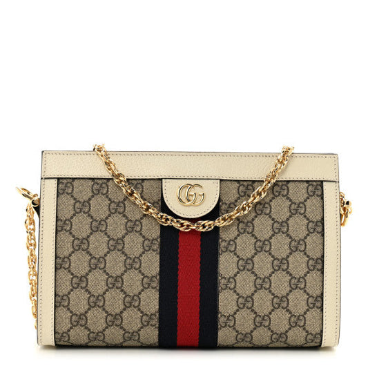 Gucci GG Supreme Monogram Textured Calfskin Web Small Ophidia Chain Shoulder Bag Beige Ebony Mystic White