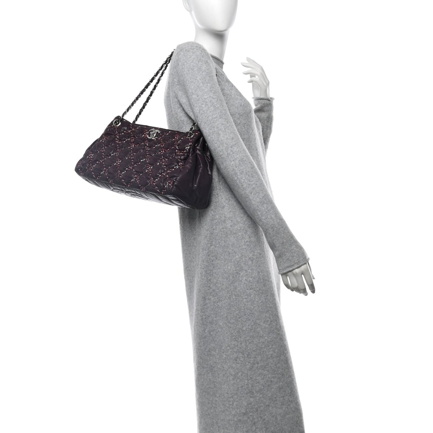 Chanel Nylon Quilted Tweed Stitch Bubble Tote Plum