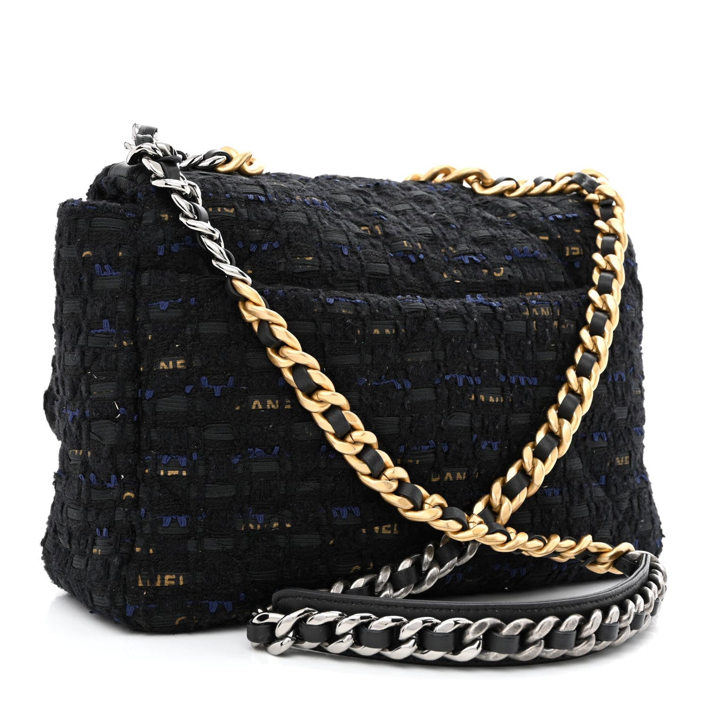 Chanel Tweed Quilted Large 19 Flap Black Navy Gold