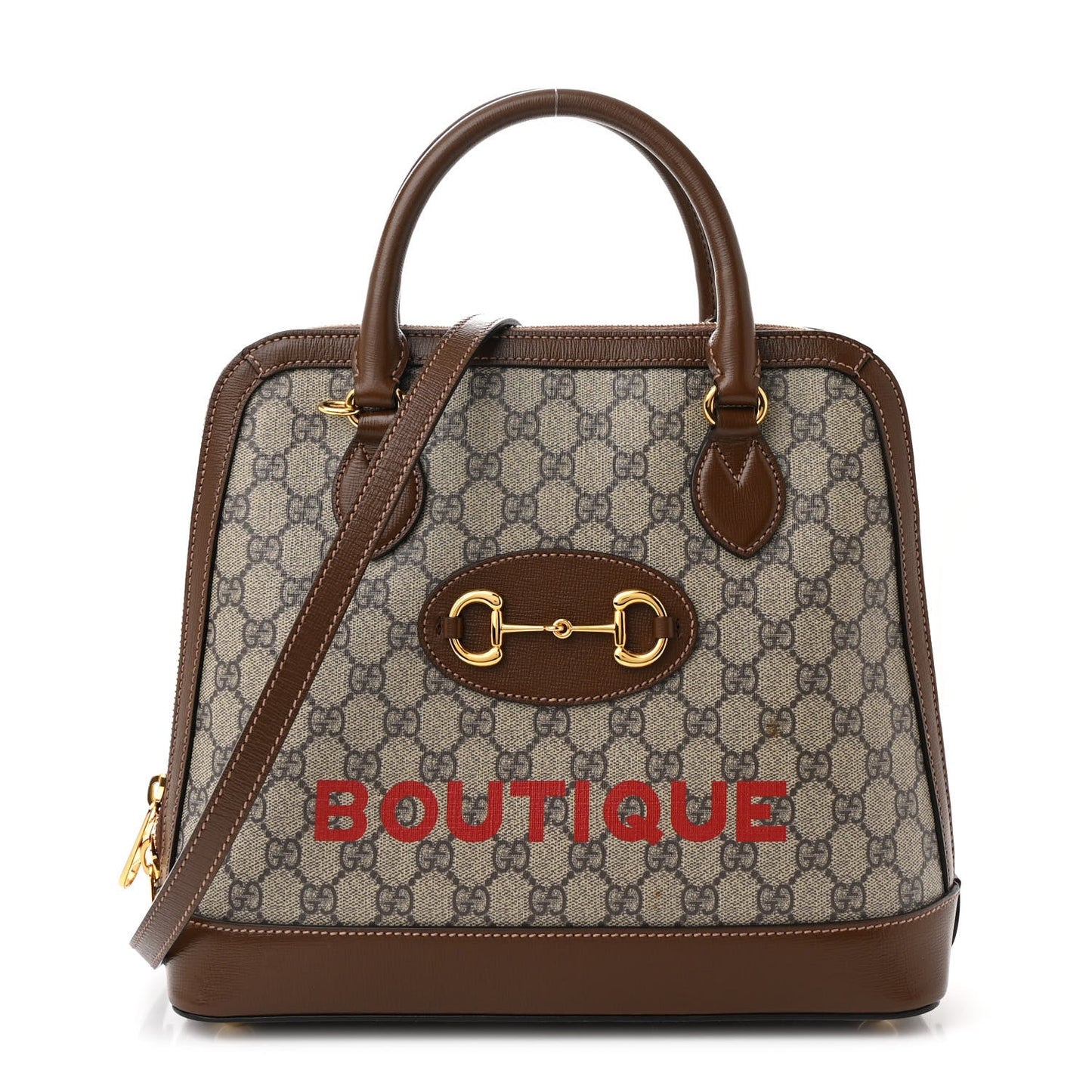 Gucci GG Supreme Monogram Azalea Calfskin Boutique Horsebit 1955 Top Handle Bag Beige Ebony Brown Sugar