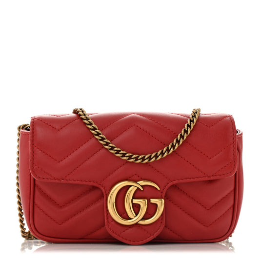 Gucci Calfskin Matelasse Super Mini GG Marmont Shoulder Bag Hibiscus Red