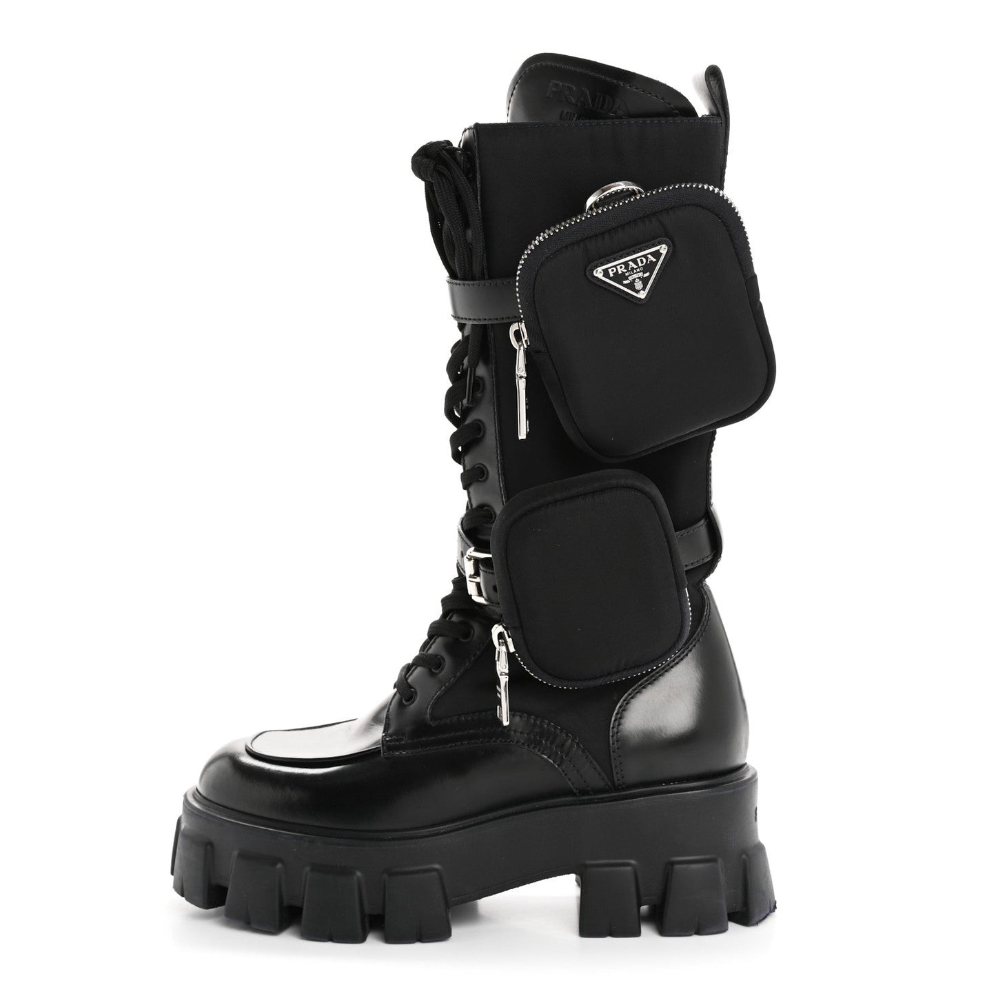 Prada Spazzolato Rois Re-Nylon Metal Triangle Logo Monolith Pouch Pocket 55mm Tall Combat Boots 36.5 Black
