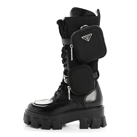 Prada Spazzolato Rois Re-Nylon Metal Triangle Logo Monolith Pouch Pocket 55mm Tall Combat Boots 36.5 Black