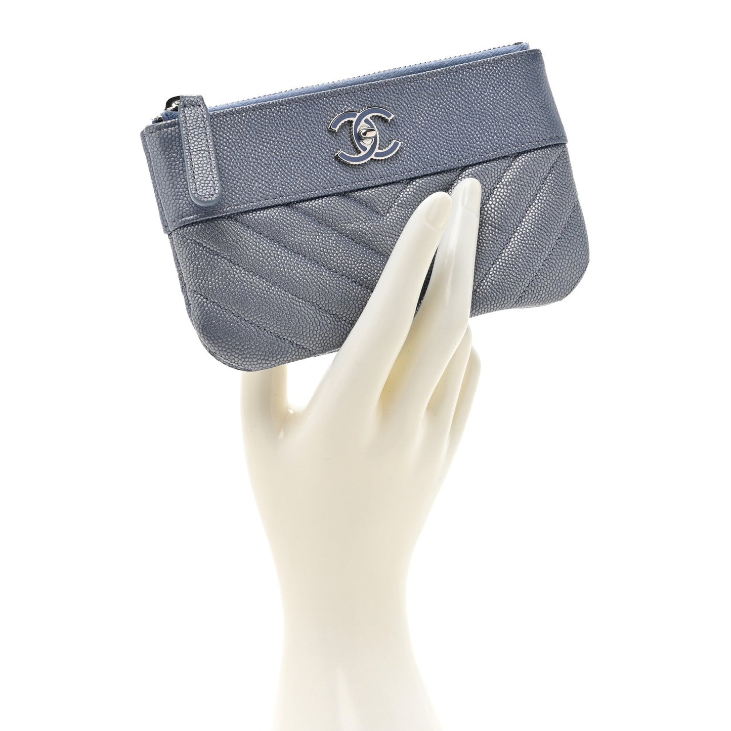 Chanel Caviar Chevron Quilted Small Vintage Mademoiselle Cosmetic Case Blue
