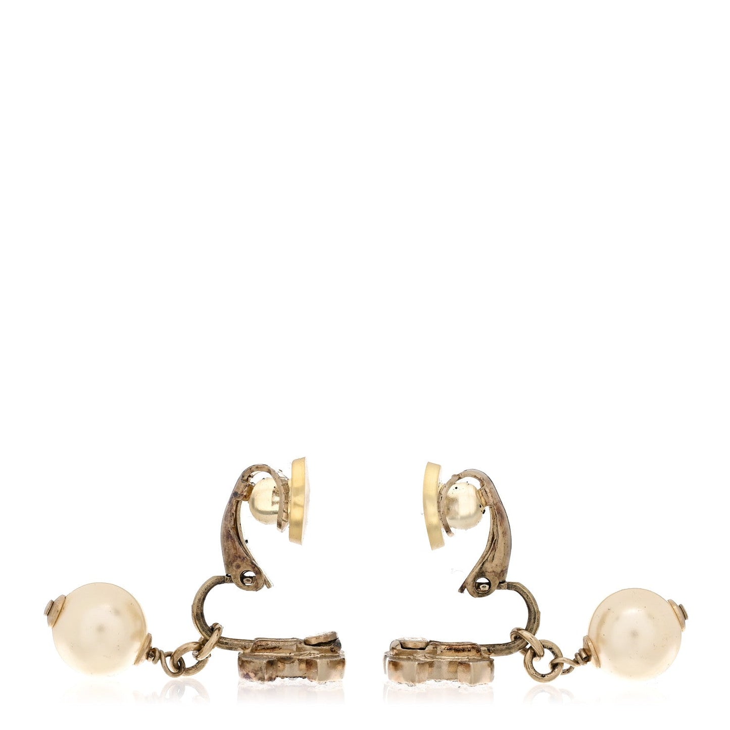 Chanel Pearl Crystal CC Drop Clip On Earrings Gold White